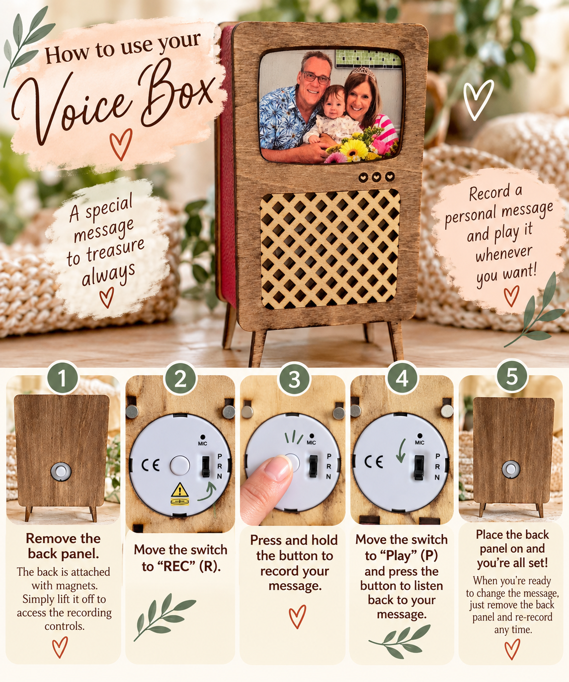 Personalized Voice Memory Box | Recordable Wooden Retro TV