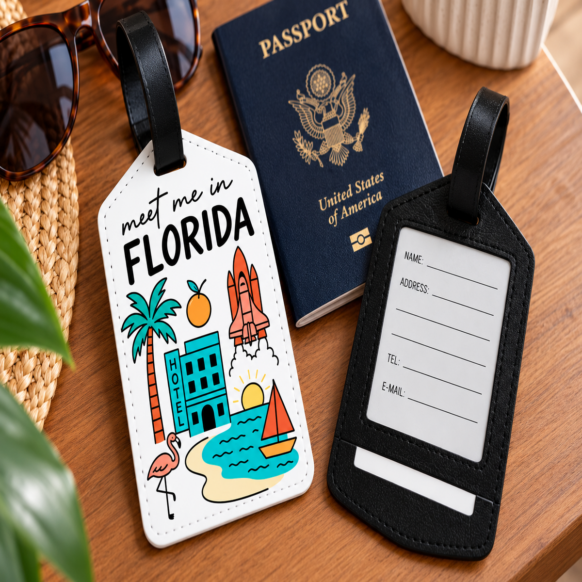 Personalized Florida travel luggage tag with passport and black address tag