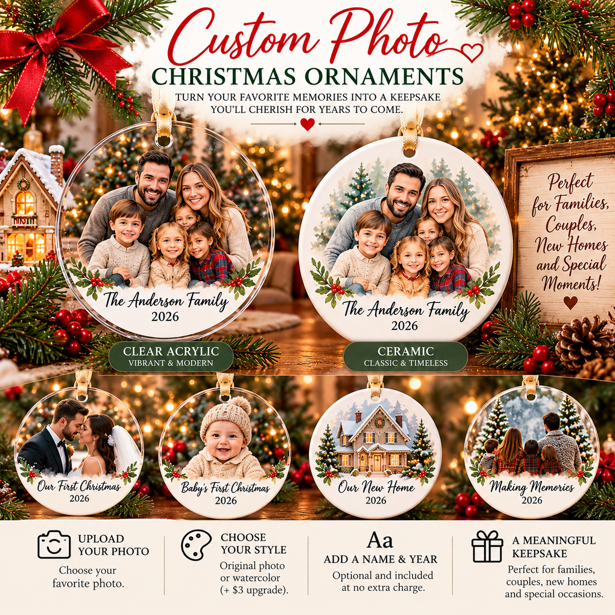 Design preview: personalized family, wedding, baby and new home Christmas ornaments in clear acrylic and ceramic