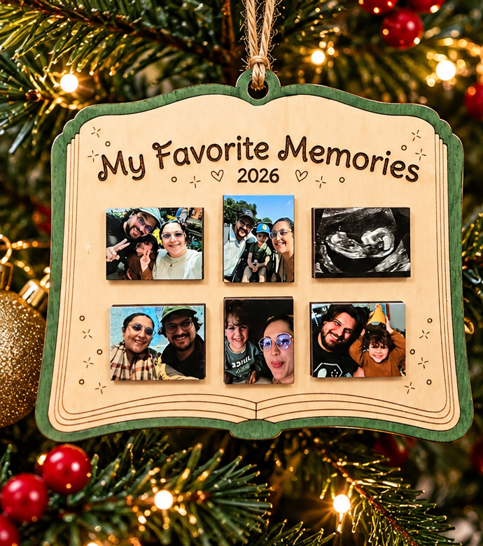 Styled preview of personalized My Favorite Memories wooden hanging ornament