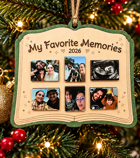 Styled preview of personalized My Favorite Memories wooden hanging ornament