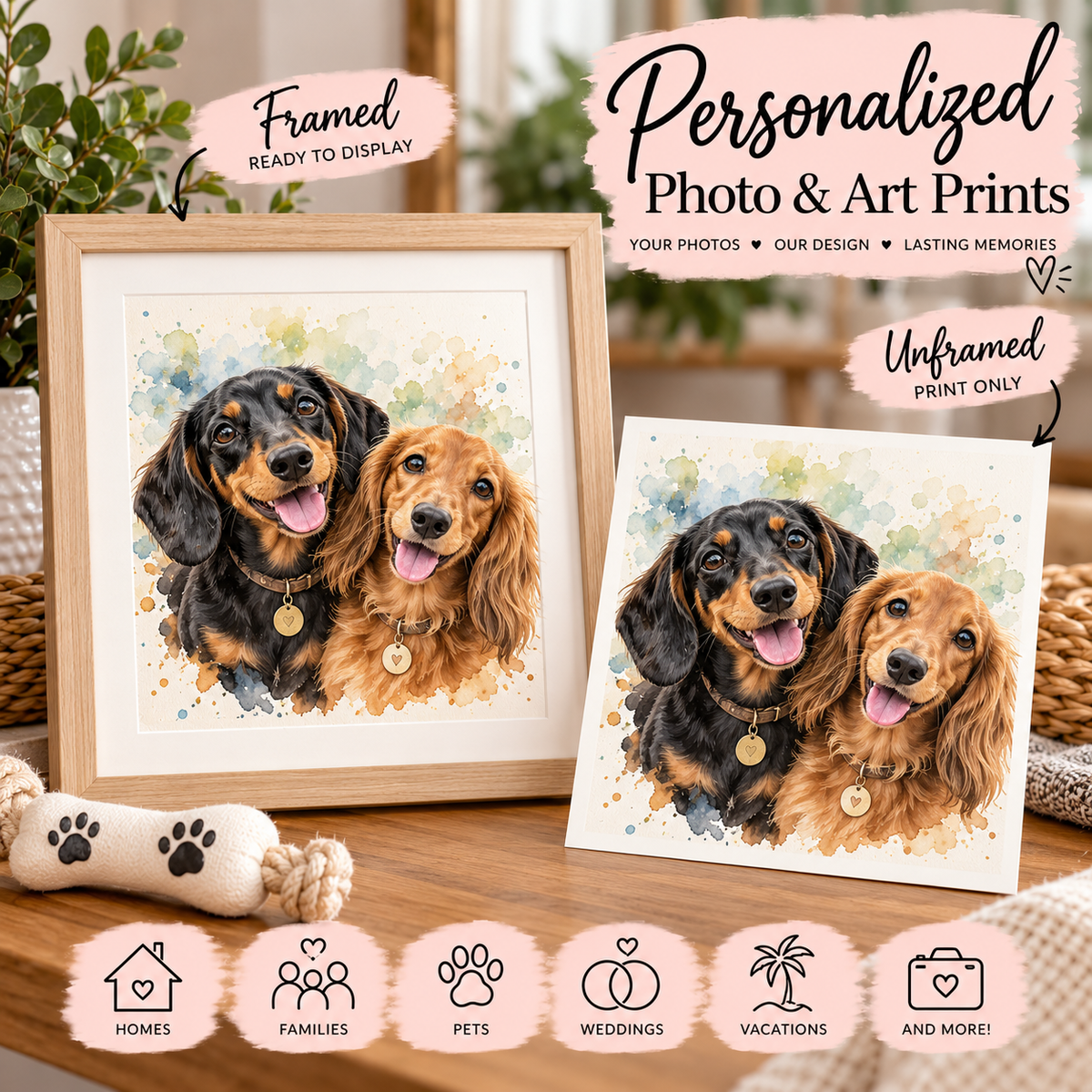 Dachshund watercolor pet portrait shown framed and unframed