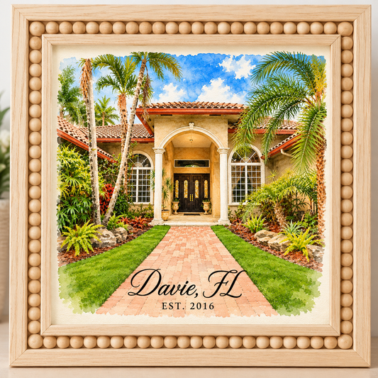 Mockup of custom watercolor home portrait in natural wood beaded frame